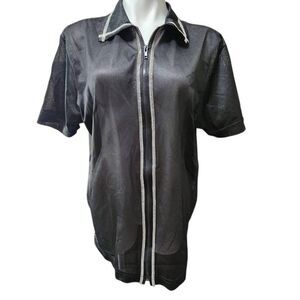 Vintage Mosa men's zip front mesh shirt black collared contrast stitch XL